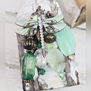 Handmade Green and Gold Dragonfly Purse Charm / Keychain